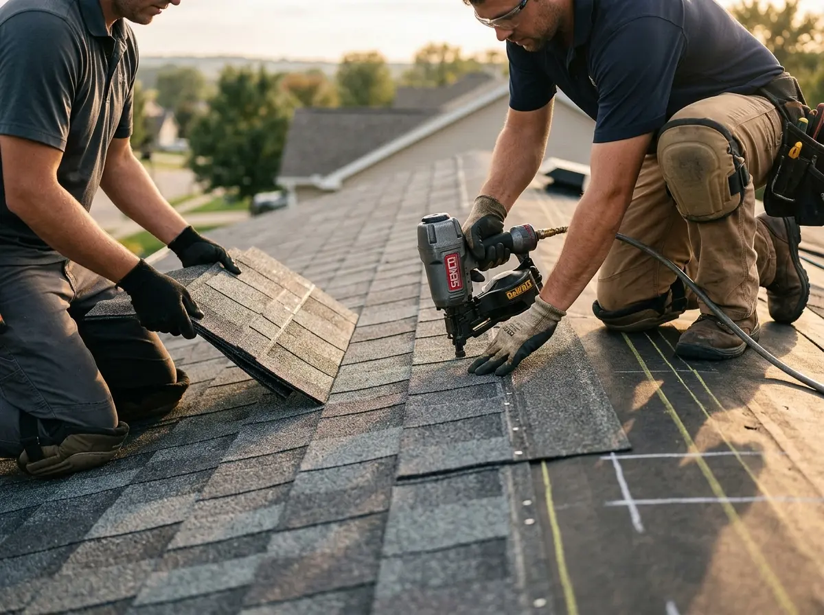 Professional roofer working on a residential roof in Posen